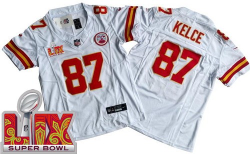 Women's Kansas City Chiefs #87 Travis Kelce Nike Limited White Super Bowl LIX FUSE Vapor NFL Stitched Jersey