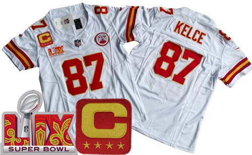 Women's Kansas City Chiefs #87 Travis Kelce Nike Limited White C Patch Super Bowl LIX FUSE Vapor NFL Stitched Jersey