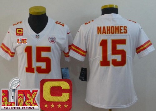 Women's Kansas City Chiefs #15 Patrick Mahomes Nike Limited White C Patch Super Bowl LIX Vapor NFL Stitched Jersey