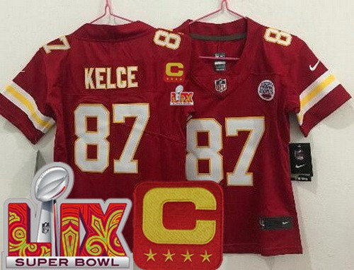 Women's Kansas City Chiefs #87 Travis Kelce Nike Limited Red C Patch Super Bowl LIX Vapor NFL Stitched Jersey