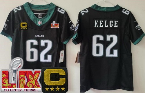 Women's Philadelphia Eagles #62 Jason Kelce Nike Limited Black C Patch Super Bowl LIX Vapor FUSE NFL Stitched Jersey