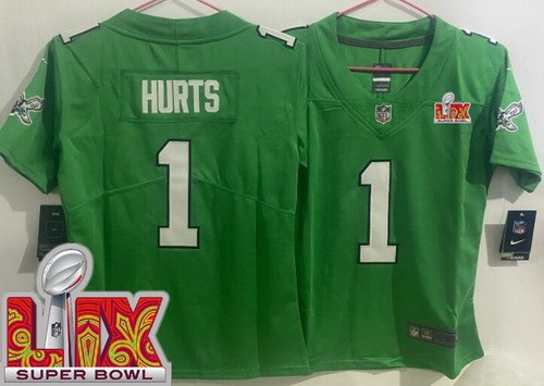 Women's Philadelphia Eagles #1 Jalen Hurts Nike Limited Kelly Green Super Bowl LIX Vapor NFL Stitched Jersey