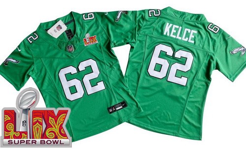 Women's Philadelphia Eagles #62 Jason Kelce Nike Limited Kelly Green Super Bowl LIX Vapor FUSE NFL Stitched Jersey