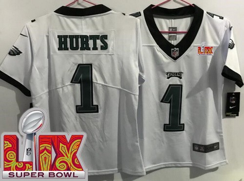 Women's Philadelphia Eagles #1 Jalen Hurts Nike Limited White Super Bowl LIX Vapor NFL Stitched Jersey