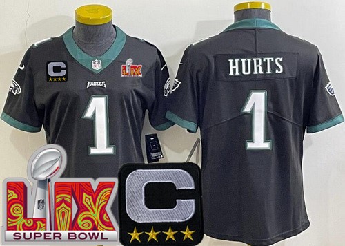 Women's Philadelphia Eagles #1 Jalen Hurts Nike Limited Black C Patch Super Bowl LIX Vapor NFL Stitched Jersey