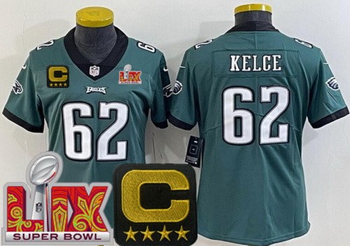 Women's Philadelphia Eagles #62 Jason Kelce Nike Limited Green C Patch Super Bowl LIX Vapor NFL Stitched Jersey