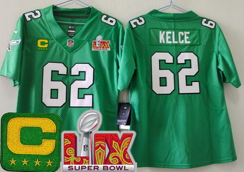 Women's Philadelphia Eagles #62 Jason Kelce Nike Limited Kelly Green C Patch Super Bowl LIX Vapor NFL Stitched Jersey