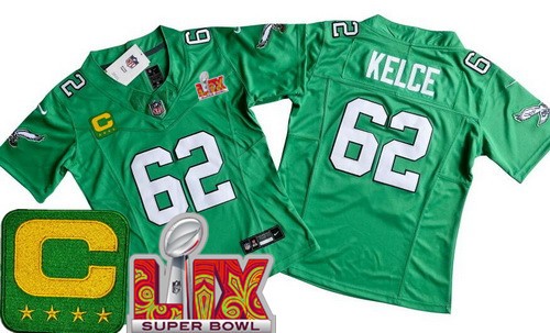 Women's Philadelphia Eagles #62 Jason Kelce Nike Limited Kelly Green C Patch Super Bowl LIX Vapor FUSE NFL Stitched Jersey