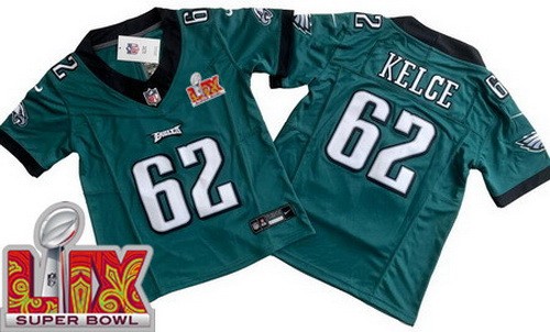 Youth Philadelphia Eagles #62 Jason Kelce Nike Limited Green Super Bowl LIX Vapor FUSE NFL Stitched Jersey