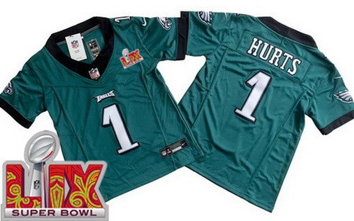 Youth Philadelphia Eagles #1 Jalen Hurts Nike Limited Green Super Bowl LIX Vapor FUSE NFL Stitched Jersey