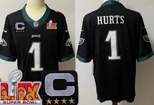 Youth Philadelphia Eagles #1 Jalen Hurts Nike Limited Black C Patch Super Bowl LIX Vapor NFL Stitched Jersey