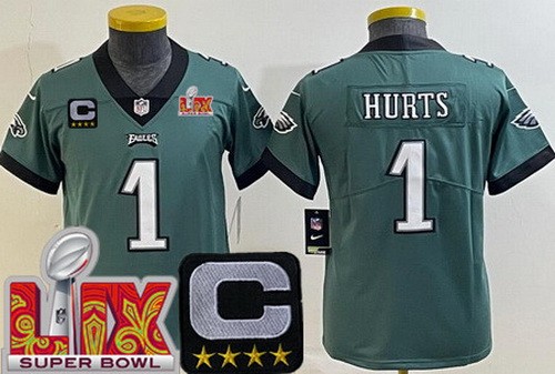 Youth Philadelphia Eagles #1 Jalen Hurts Nike Limited Green C Patch Super Bowl LIX Vapor NFL Stitched Jersey