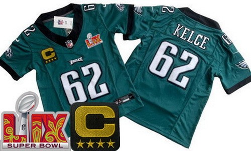 Youth Philadelphia Eagles #62 Jason Kelce Nike Limited Green C Patch Super Bowl LIX Vapor FUSE NFL Stitched Jersey