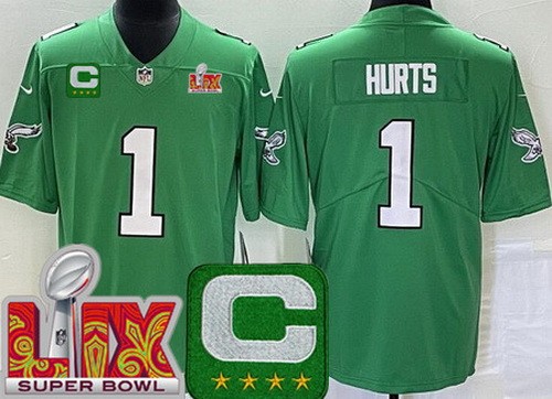 Youth Philadelphia Eagles #1 Jalen Hurts Nike Limited Kelly Green C Patch Super Bowl LIX Vapor NFL Stitched Jersey