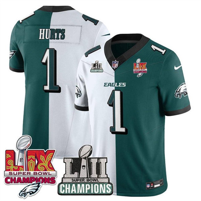 Women's Philadelphia Eagles #1 Jalen Hurts White Green Split 2025 LII-LIX Super Bowl Champions Patch F.U.S.E. Vapor Untouchable Limited Stitched Football Jersey(Run Small)