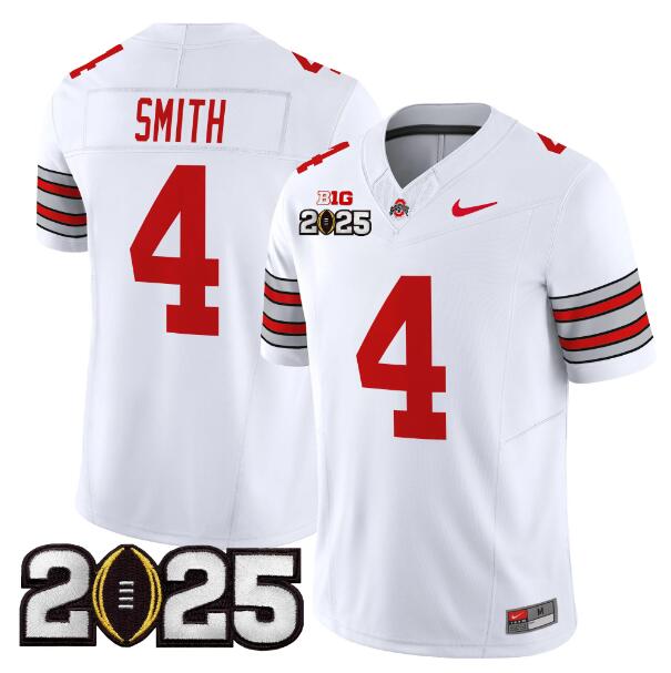 Men's Ohio State Buckeyes #4 Jeremiah Smith White 2025 CFP Final Patch F.U.S.E. Vapor Limited Stitched Football Jersey