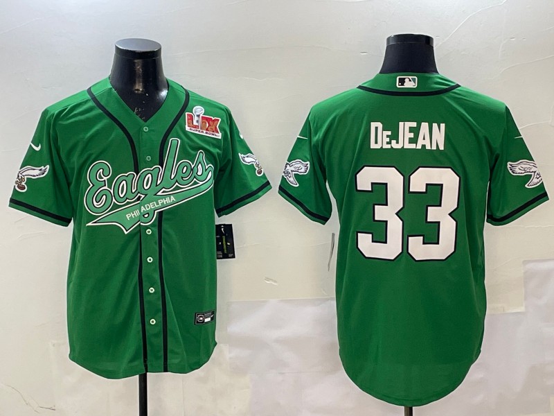 Men's Philadelphia Eagles #33 Cooper DeJean Kelly Green 2025 Super Bowl LIX Patch Cool Base Stitched Baseball Jersey