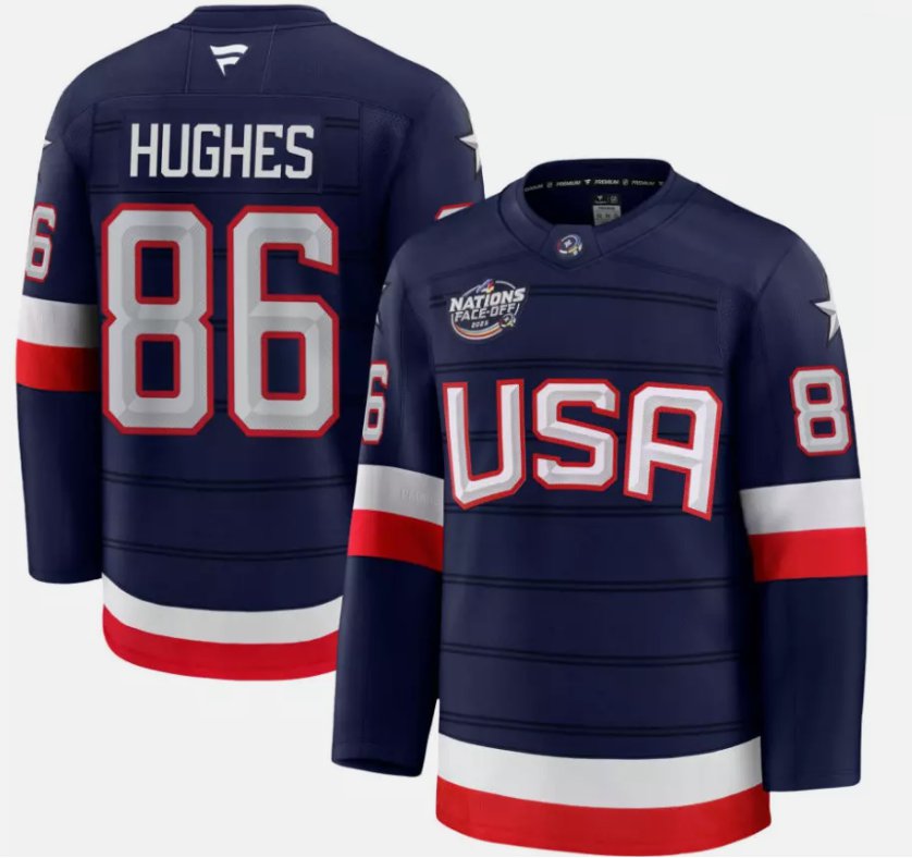 Men's USA #86 Jack Hughes Navy 2025 4 Nations Face-Off Stitched Jersey