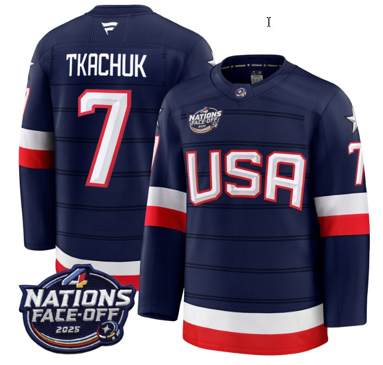 Men's USA #7 Brady Tkachuk Navy 2025 4 Nations Face-Off Stitched Jersey