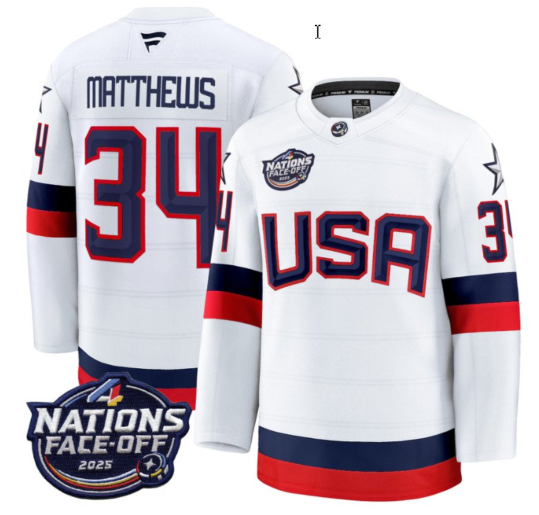 Men's USA #34 Auston Matthews White 2025 4 Nations Face-Off Stitched Jersey