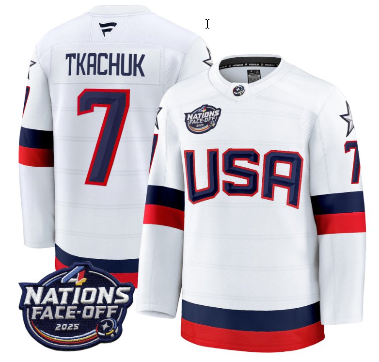 Men's USA #7 Brady Tkachuk White 2025 4 Nations Face-Off Stitched Jersey