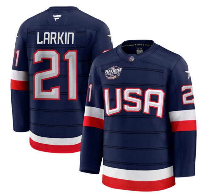 Men's USA #21 Dylan Larkin Navy 2025 4 Nations Face-Off Stitched Jersey