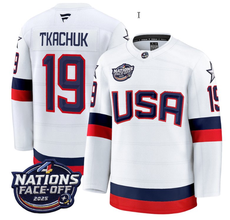 Men's USA #19 Matthew Tkachuk White 2025 4 Nations Face-Off Stitched Jersey