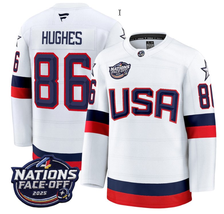 Men's USA #86 Jack Hughes White 2025 4 Nations Face-Off Stitched Jersey