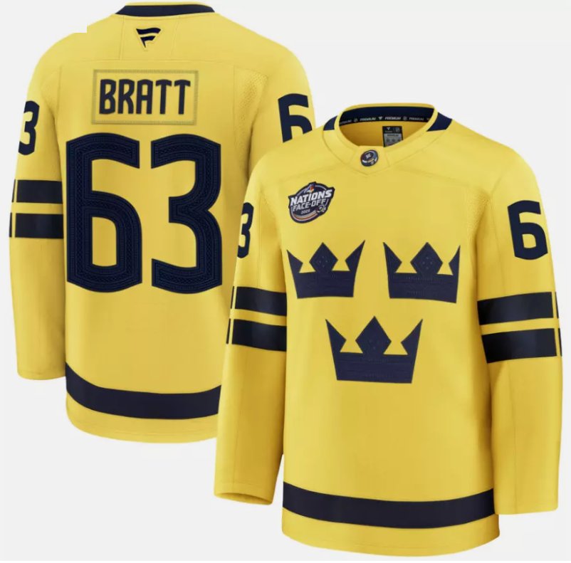 Men's Sweden #63 Jesper Bratt Yellow 2025 4 Nations Face-Off Stitched Jersey