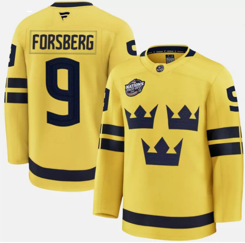 Men's Sweden #9 Filip Forsberg Yellow 2025 4 Nations Face-Off Stitched Jersey