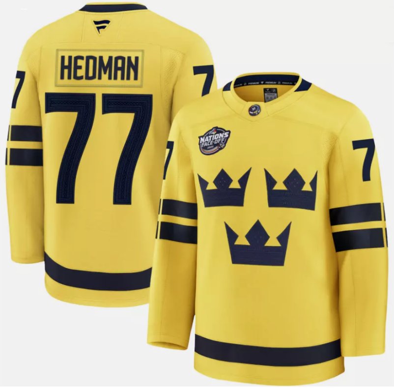 Men's Sweden #77 Victor Hedman Yellow 2025 4 Nations Face-Off Stitched Jersey