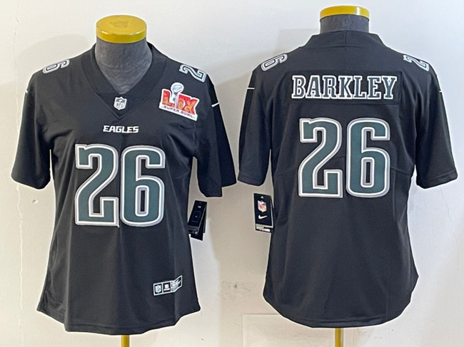 Women's Philadelphia Eagles #26 Saquon Barkley Black 2025 Super Bowl LIX Patch Fashion Vapor Untouchable Limited Stitched Football Jersey(Run Small)