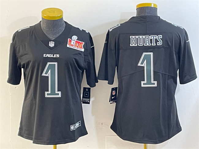 Women's Philadelphia Eagles #1 Jalen Hurts Black 2025 Super Bowl LIX Patch Fashion Vapor Untouchable Limited Stitched Football Jersey(Run Small)