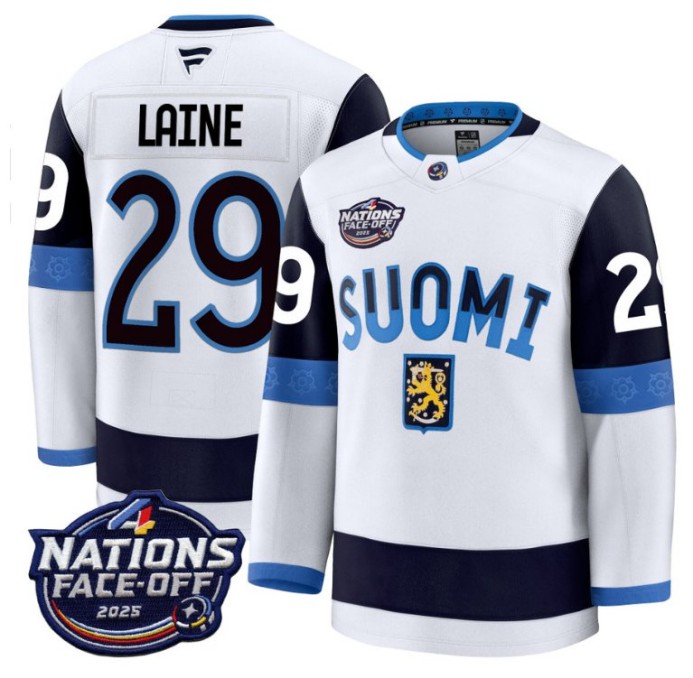 Men's Finland #29 Patrik Laine White 2025 4 Nations Face-Off Stitched Hockey Jersey