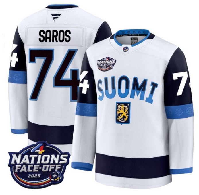 Men's Finland #74 Juuse Saros White 2025 4 Nations Face-Off Stitched Hockey Jersey