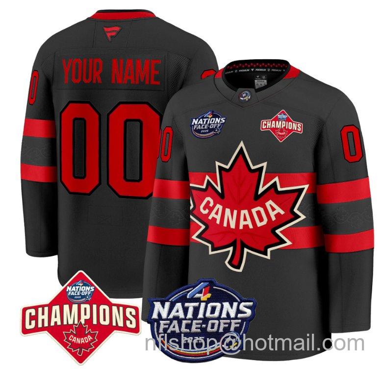 Men's Canada Custom Black 4 Nations Face-Off 2025 Champions Patch Stitched Hockey Jersey