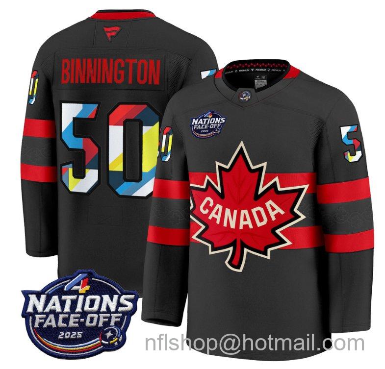 Men's Canada #50 Jordan Binnington V2 Black 4 Nations Face-Off 2025 Stitched Hockey Jersey