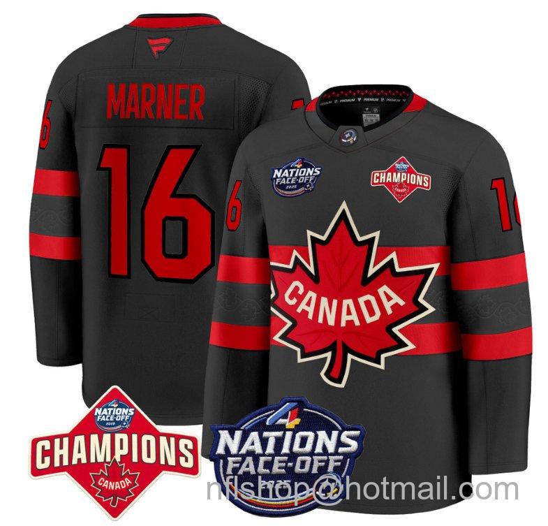 Men's Canada #67 Mitch Marner Black 4 Nations Face-Off 2025 Champions Stitched Hockey Jersey