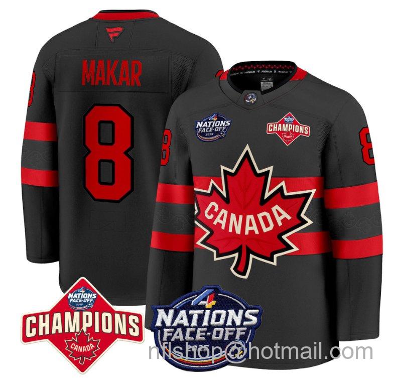 Men's Canada #8 Cale Makar Black 4 Nations Face-Off 2025 Champions Stitched Hockey Jersey