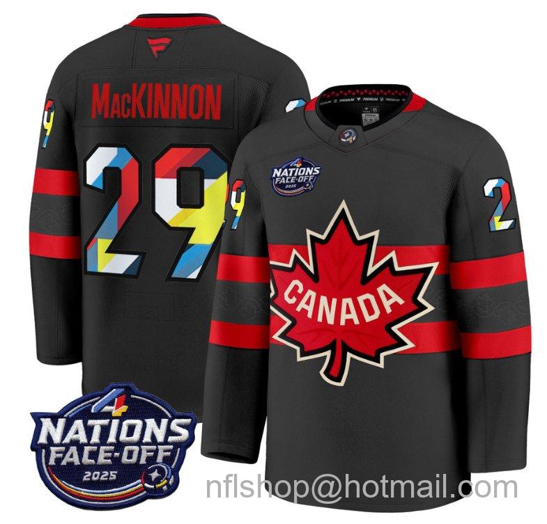 Men's Canada #29 Nathan MacKinnon V2 Black 4 Nations Face-Off 2025 Stitched Hockey Jersey