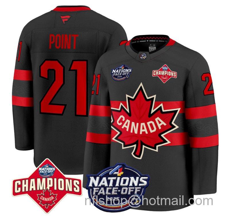 Men's Canada #21 Brayden Point Black 4 Nations Face-Off 2025 Champions Stitched Hockey Jersey