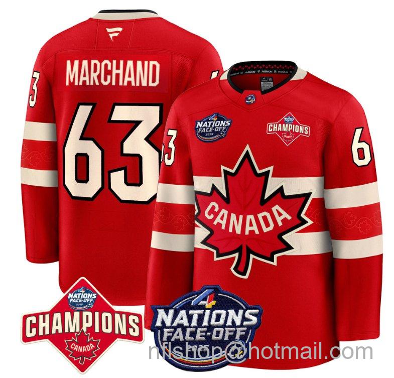 Men's Canada #63 Brad Marchand Red 4 Nations Face-Off 2025 Champions Stitched Hockey Jersey