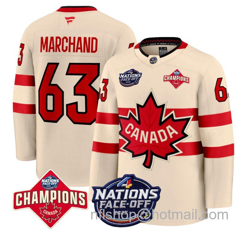 Men's Canada #63 Brad Marchand Cream 4 Nations Face-Off 2025 Champions Stitched Hockey Jersey