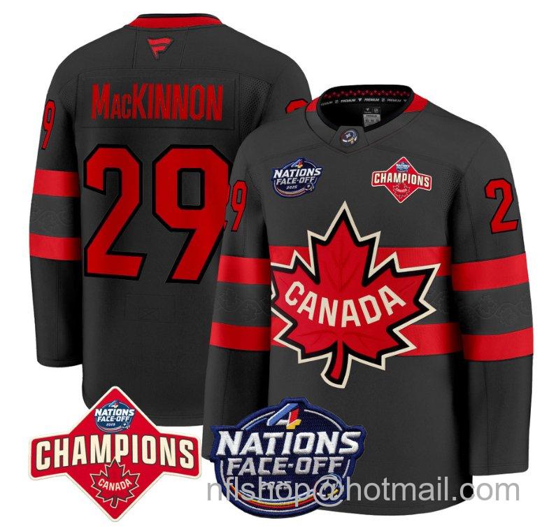 Men's Canada #29 Nathan MacKinnon Black 4 Nations Face-Off 2025 Champions Stitched Hockey Jersey