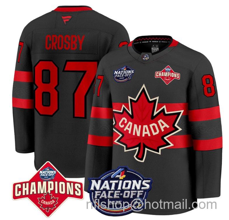 Men's Canada #87 Sidney Crosby Black 4 Nations Face-Off 2025 Champions Stitched Hockey Jersey