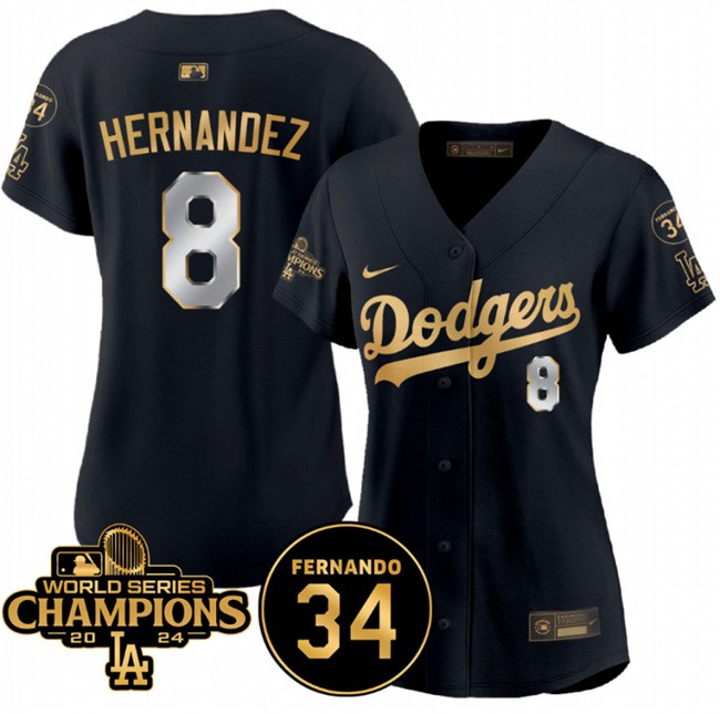 Women's Los Angeles Dodgers #8 Enrique Hernandez Black/Gold 2024 World Series Champions & Fernando Memorial Patch Limited Stitched Baseball Jersey(Run Small)