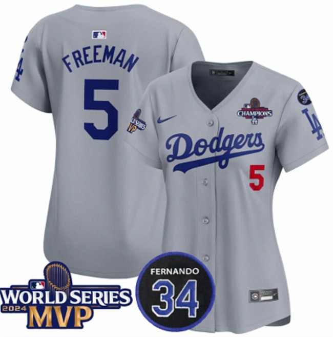 Women's Los Angeles Dodgers #5 Freddie Freeman Grey 2024 World Series MVP & Fernando Memorial Patch Limited Stitched Baseball Jersey(Run Small)