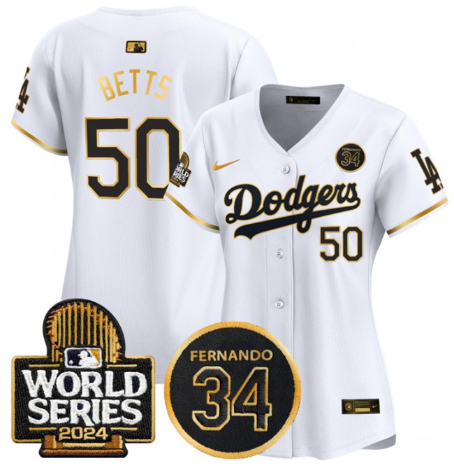 Women's Los Angeles Dodgers #50 Mookie Betts White/Gold 2024 World Series & Fernando Memorial Patch Limited Stitched Baseball Jersey(Run Small)