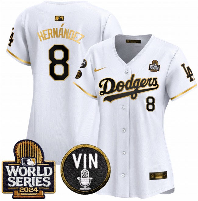 Women's Los Angeles Dodgers #8 Enrique Hernandez White/Gold 2024 World Series With Vin & Kobe Patch Limited Stitched Baseball Jersey(Run Small)