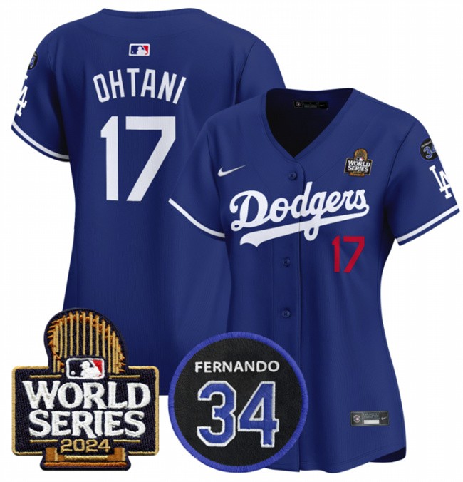 Women's Los Angeles Dodgers #17 Shohei Ohtani Royal 2024 World Series & Fernando Memorial Patch Limited Stitched Baseball Jersey(Run Small)